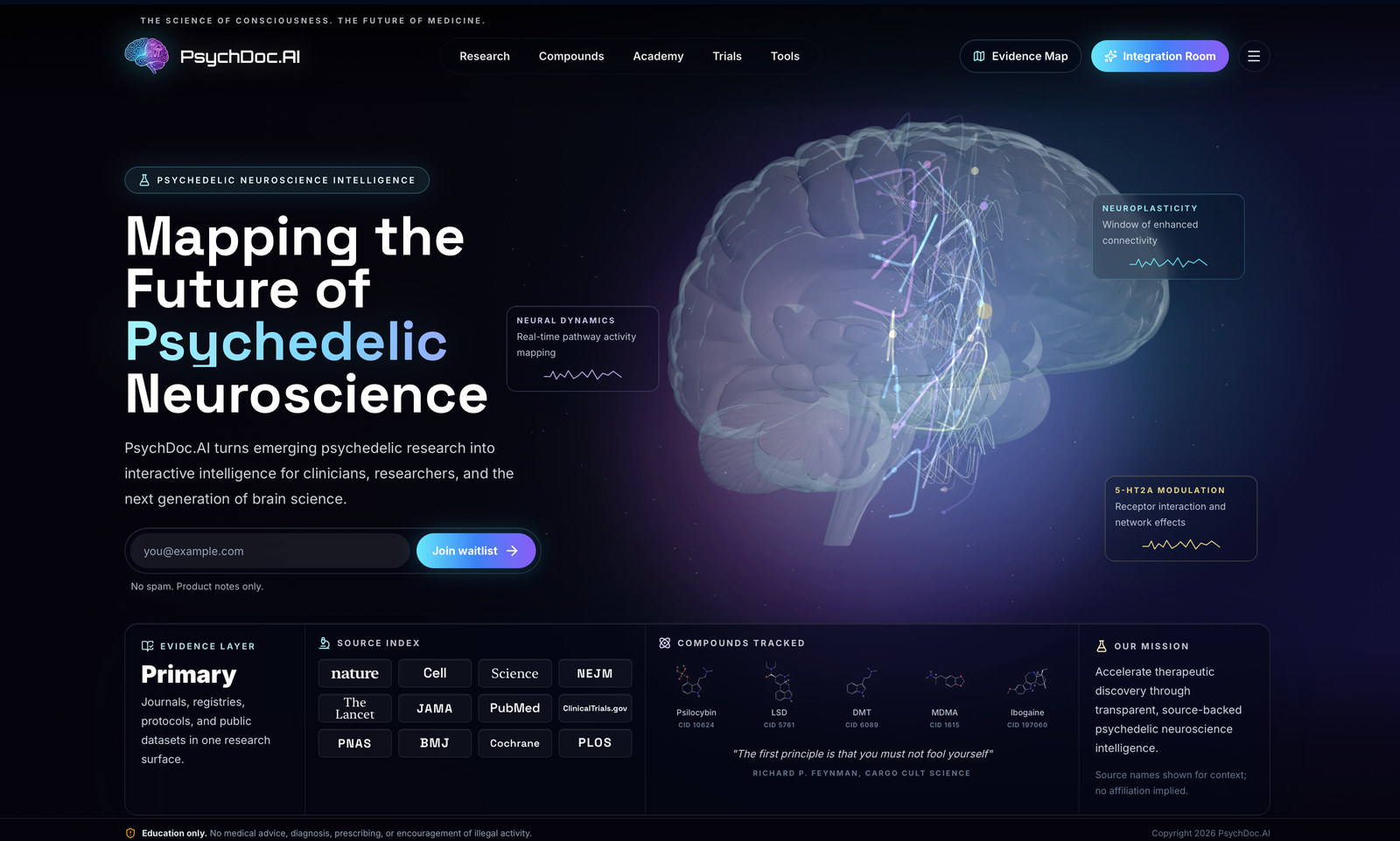 PsychDoc.AI visual evidence platform showing a glass-brain hero, psychedelic-medicine research framing, evidence sources, and neuroscience navigation.