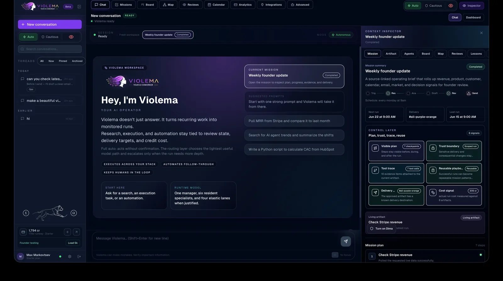 Violema product workspace showing the founder chat surface, a completed Weekly founder update mission, the context inspector with mission summary and schedule, the control layer, and the mission plan.