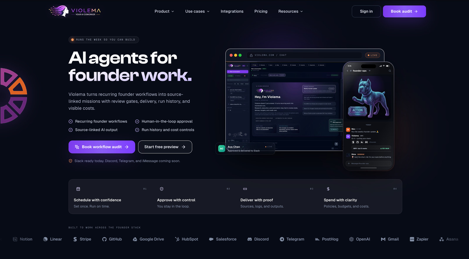 Violema overview showing the founder-workflow proposition with the reviewable desktop workspace and the Slack mobile surface side by side.