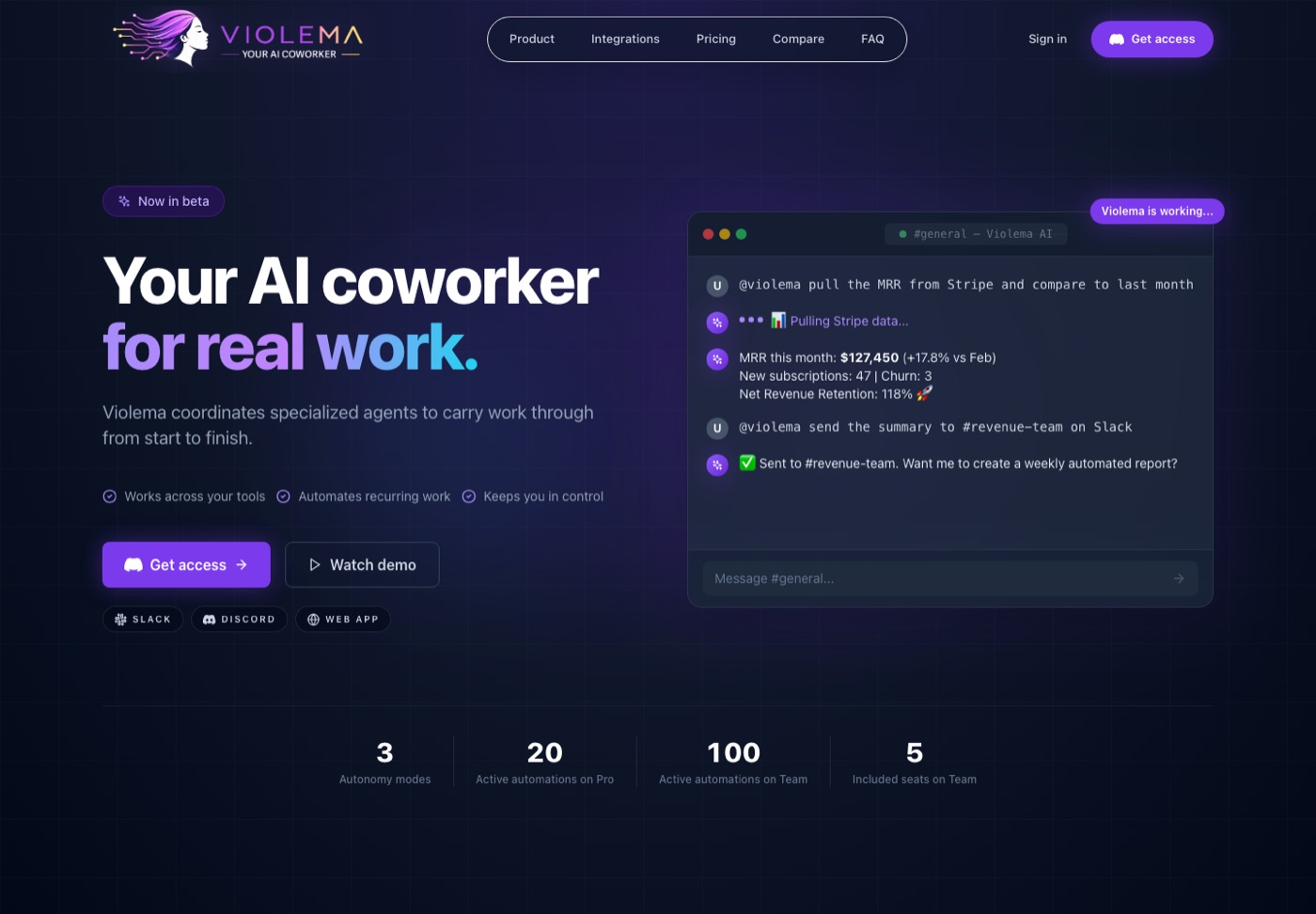 Violema AI coworker product screen showing Slack-style automation.