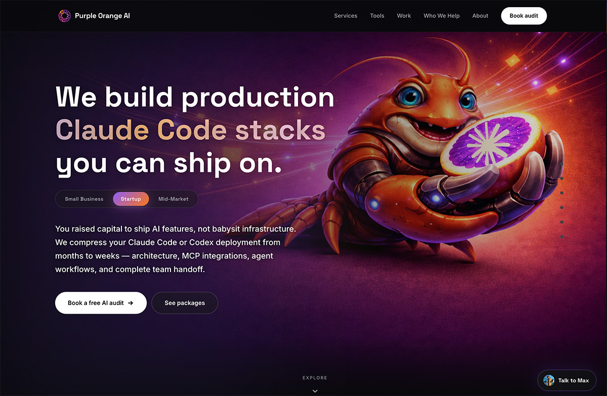 Purple Orange AI visual identity for production AI workflow systems